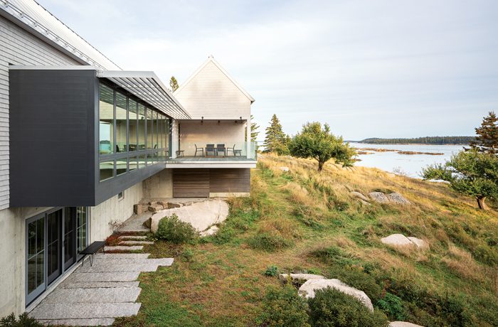 Exterior of contemporary coastal Maine home.