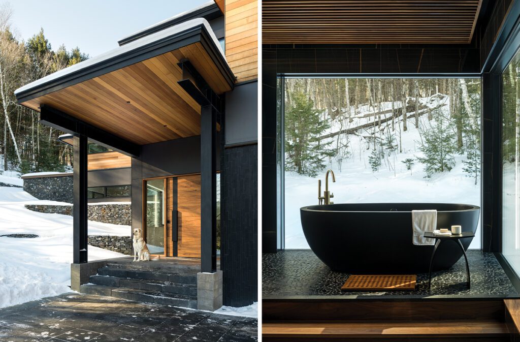 Two photos on depicting an entrance to a contemporary Vermont home and the other featuring a black bathtub in front of a window.