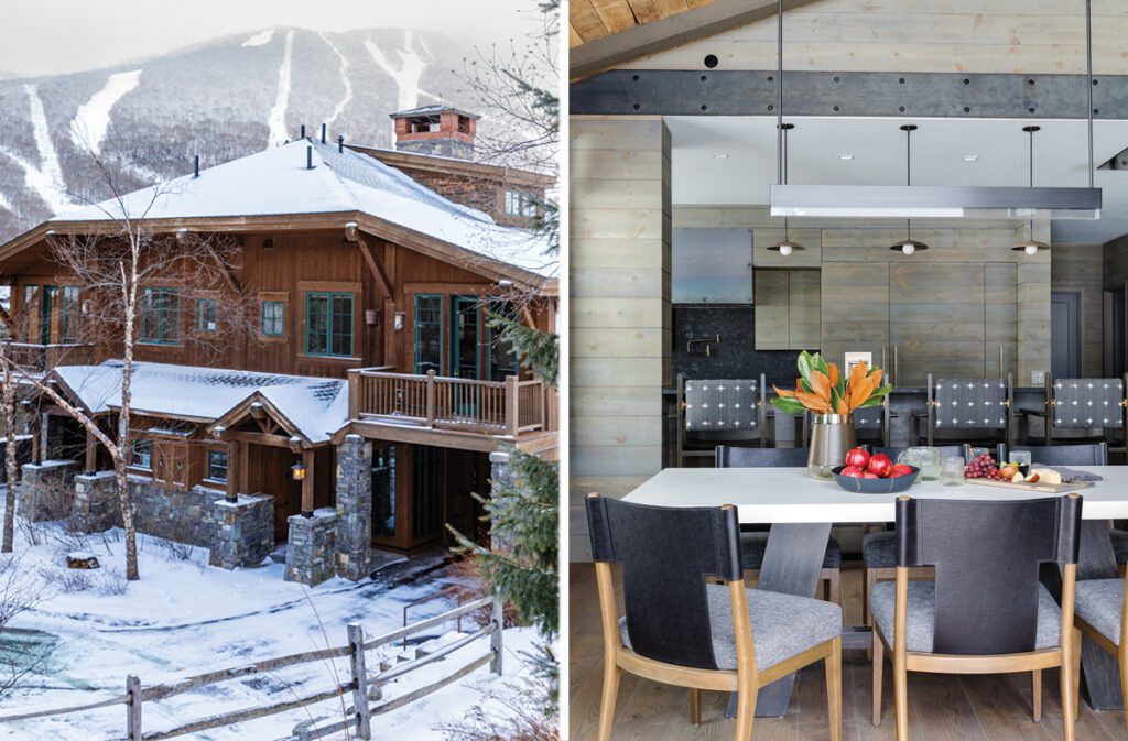 Exterior of a chalet-style Vermont ski house along with an image of the rustic mountain dining room