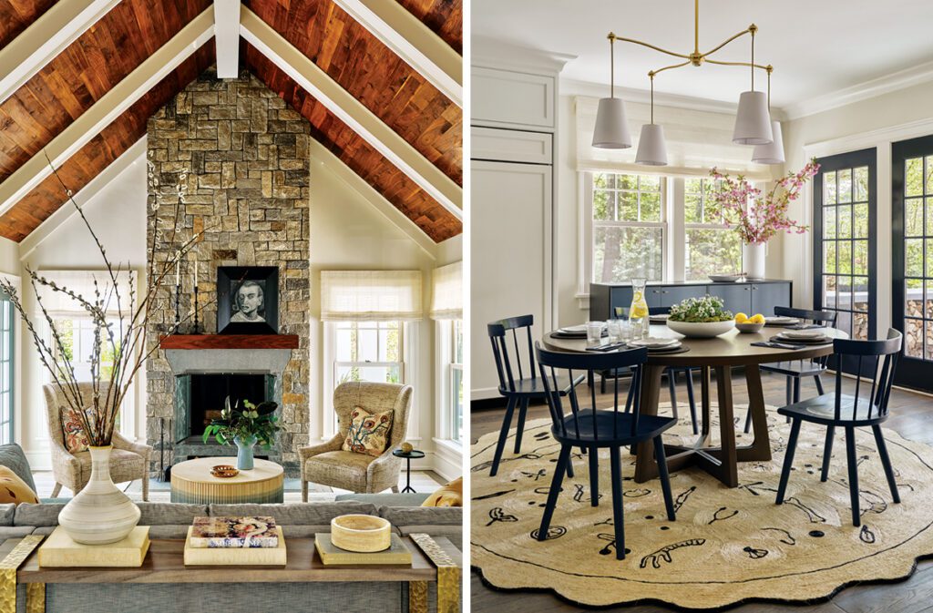 An image with two photographs. The first featured a cozy living room with a cathedral ceiling and stone fireplace and the second is a dining nook with a round table.