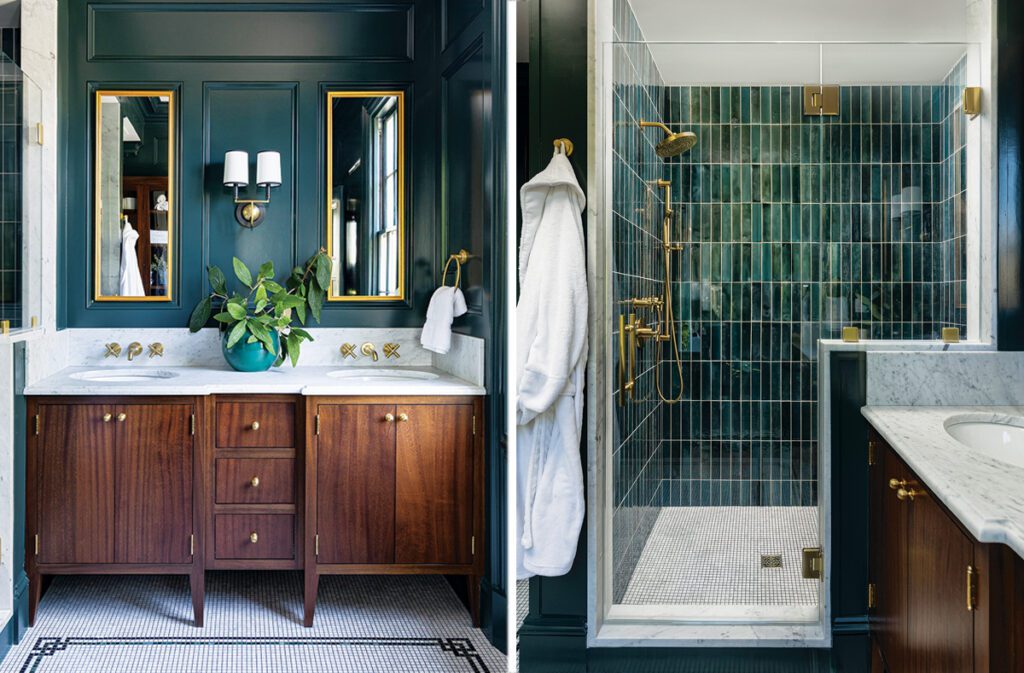 Traditional bathroom with green tiles and a dark wood vanity