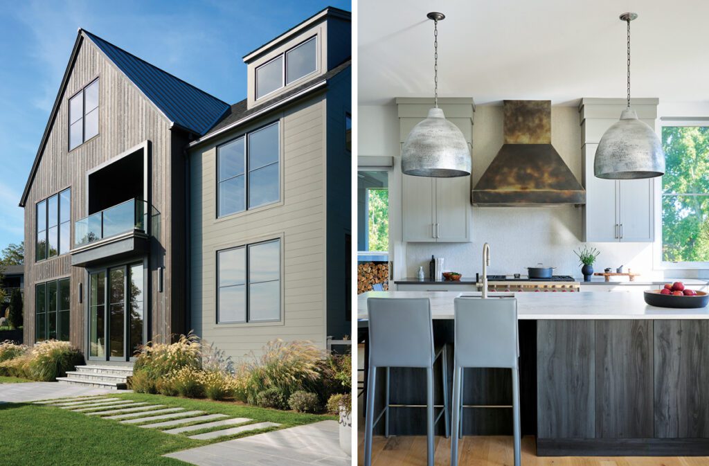 Two images. One is a dark brown contemporary home ad the other is a contemporary kitchen with mixed metals.