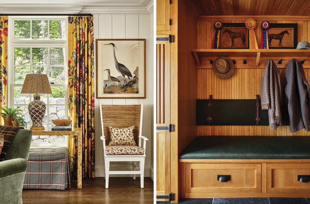 Two images side by side the first shows a detail of a living room vignette featuring an Audobon print and the other is a detail of an equestrian-inspired mudroom.