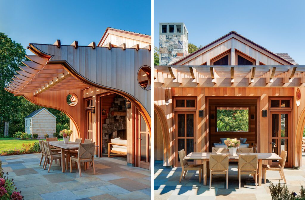 The exterior of a coastal pool pavilion with architectural details inspired by a shark.