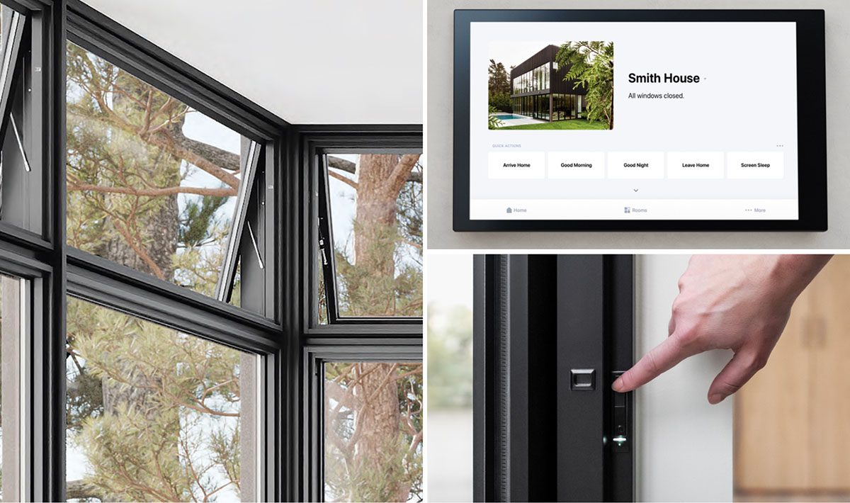Smart home window system by Marvin showcasing automated venting, a touchscreen interface, and seamless integration with modern architecture.