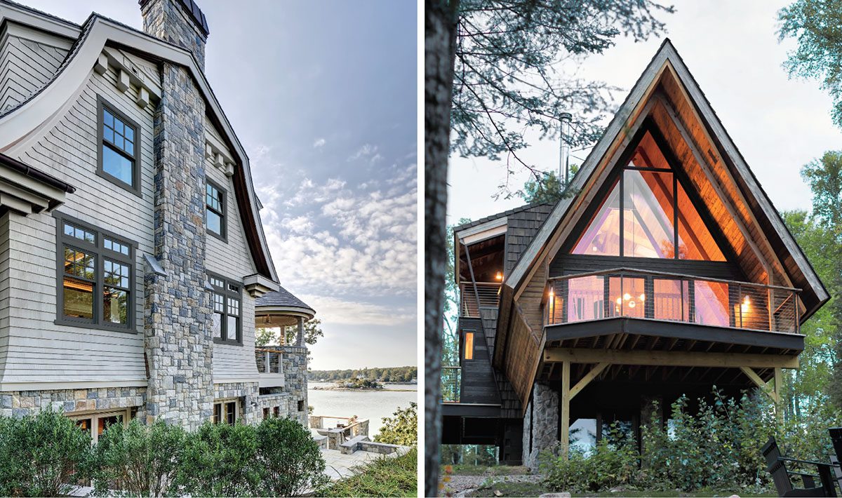 Side-by-side comparison of homes featuring Marvin windows—one a classic coastal stone home, the other a modern A-frame cabin with expansive glazing.