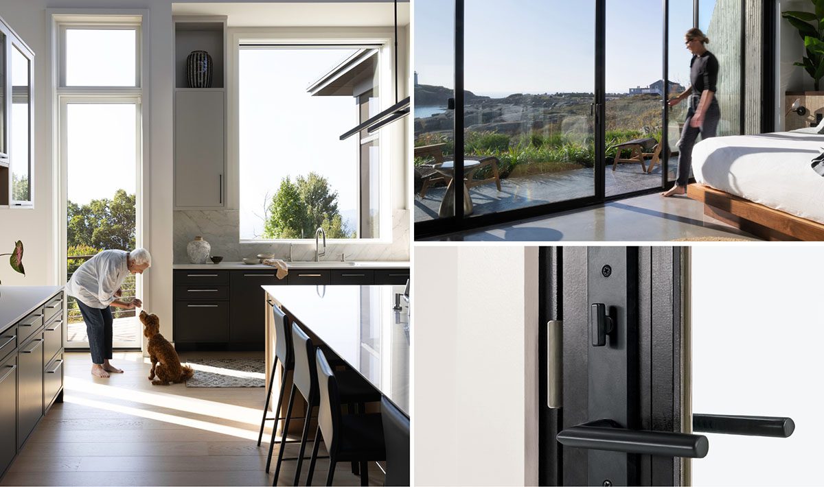 Bright, modern kitchen with accessible Marvin windows and doors, featuring a senior interacting with a dog in a sunlit entryway.