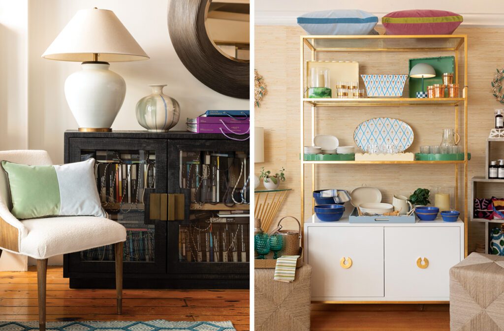 Two images of shop vignettes at Living Swell in Marblehead, Mass.,
