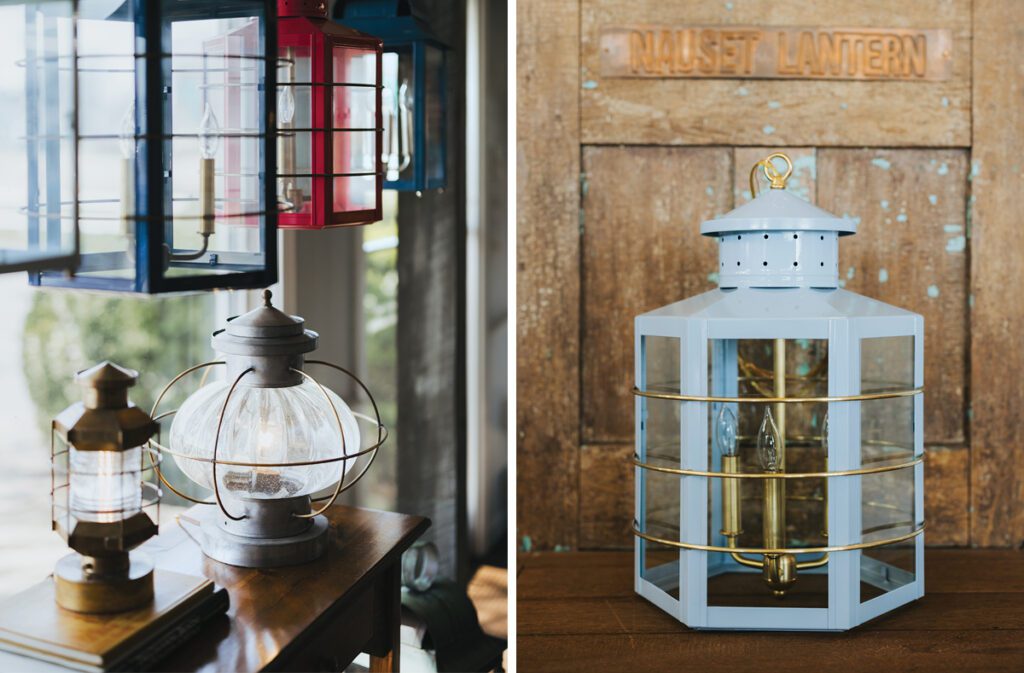 Variety of glass and metal nautical lanterns from Nauset Lantern Shop