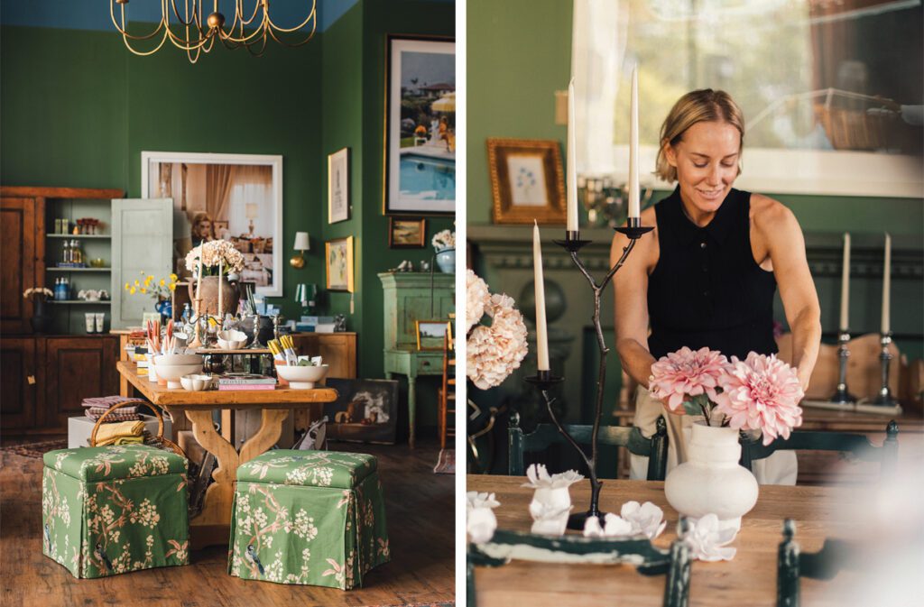 Designer and shop owner Susie Smith Coughlin arranging flowers inside Le Marchande in Falmouth, Maine.