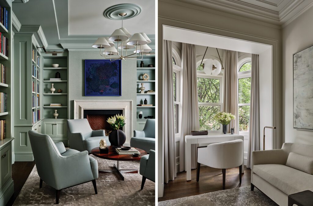 Two images of Boston brownstone designed by Lisa Tharp Interiors and Mellowes & Paladino Architects