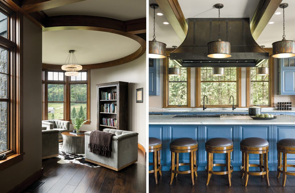 Two images from a Vermont home inspired by a castle.