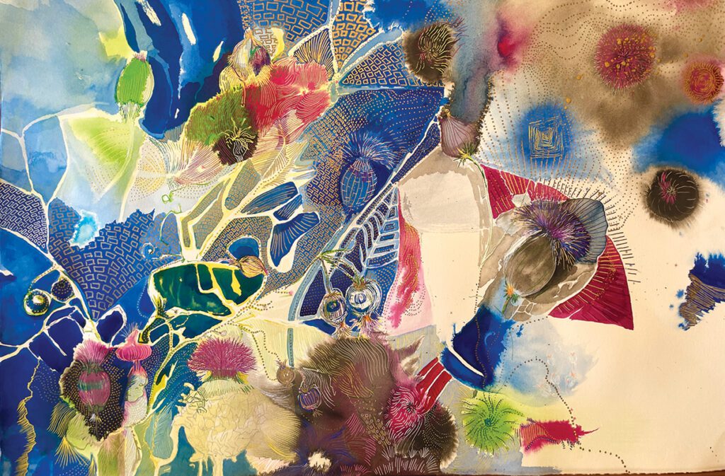 Thistle (2024), 22”H x 30”W, India ink and acrylic on Fabriano paper.