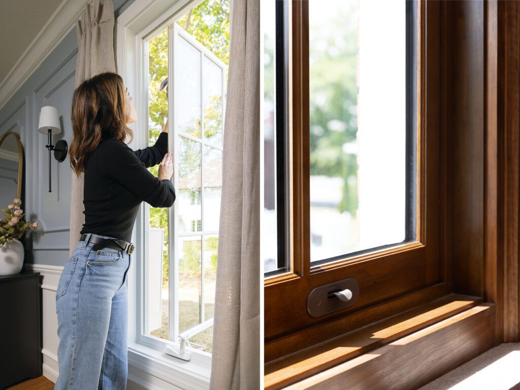 Homeowner cleaning modern casement window using wash mode feature in bright interior.