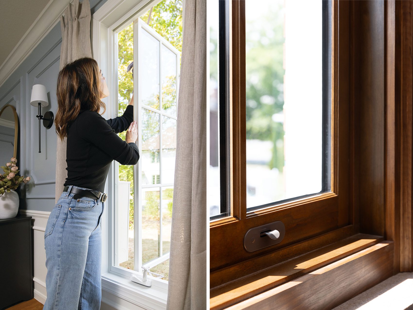 Homeowner cleaning modern casement window using wash mode feature in bright interior.